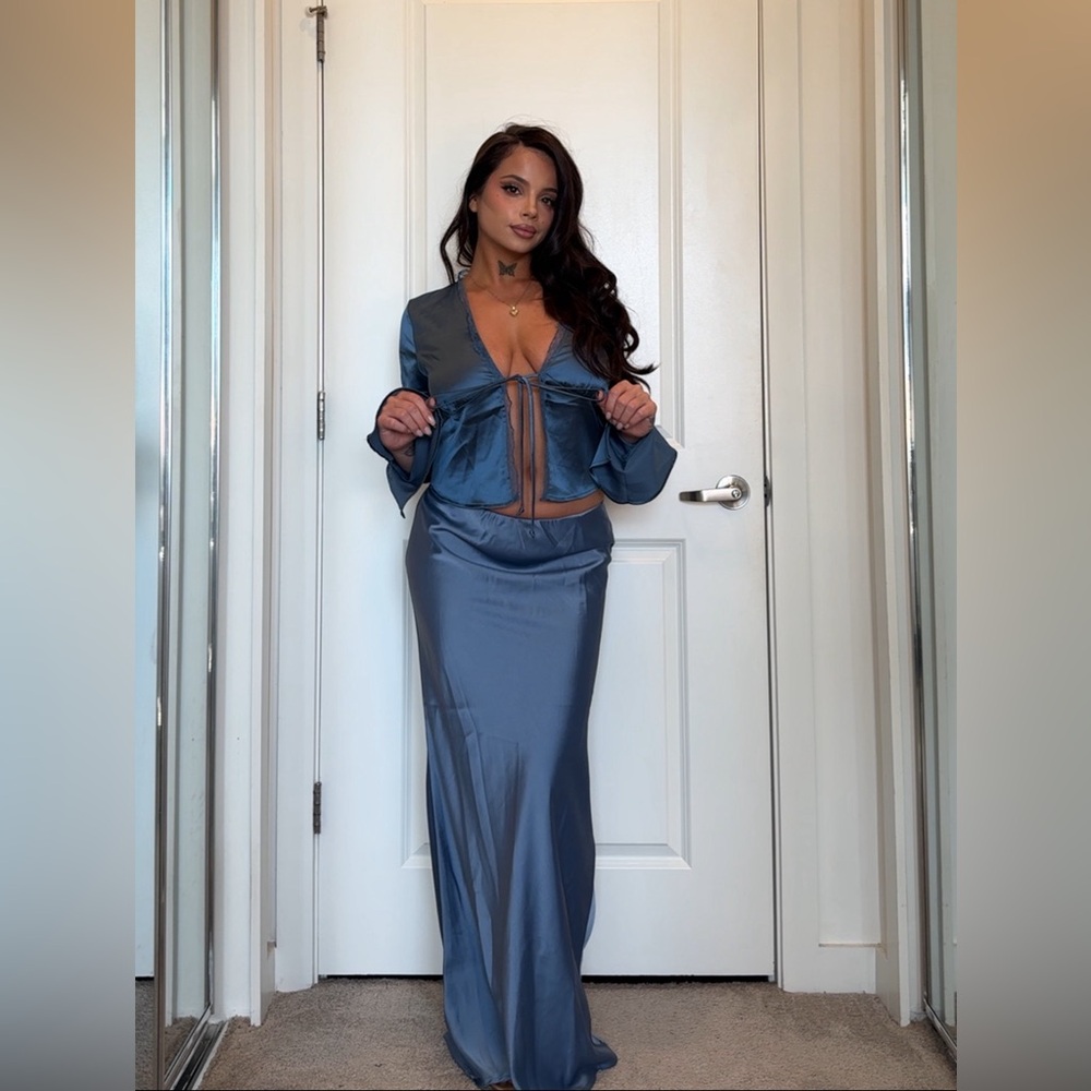 Sleek Blue Satin Two-Piece Set
